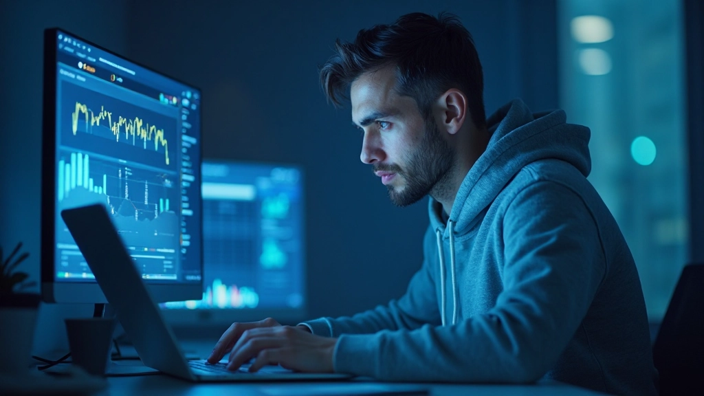 Аналитик изучает больших данных с использованием передовых технологий на ноутбуке