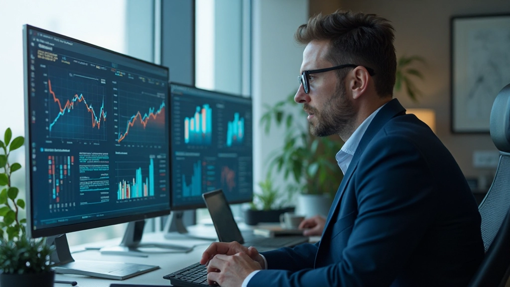 Профессиональный аналитик изучает метрики на экране компьютера в современном офисе