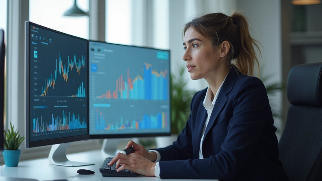 Аналитик изучает диаграммы и графики данных на экране компьютера