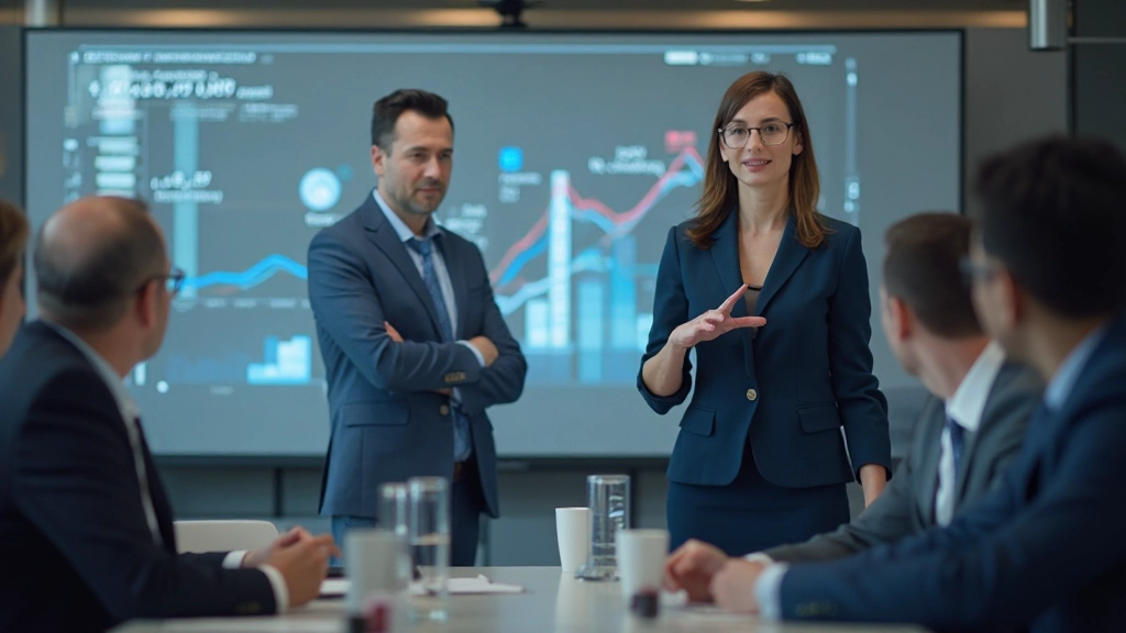 Стратег обсуждает бизнес-интеллект и планирование с командой в конференц-зале